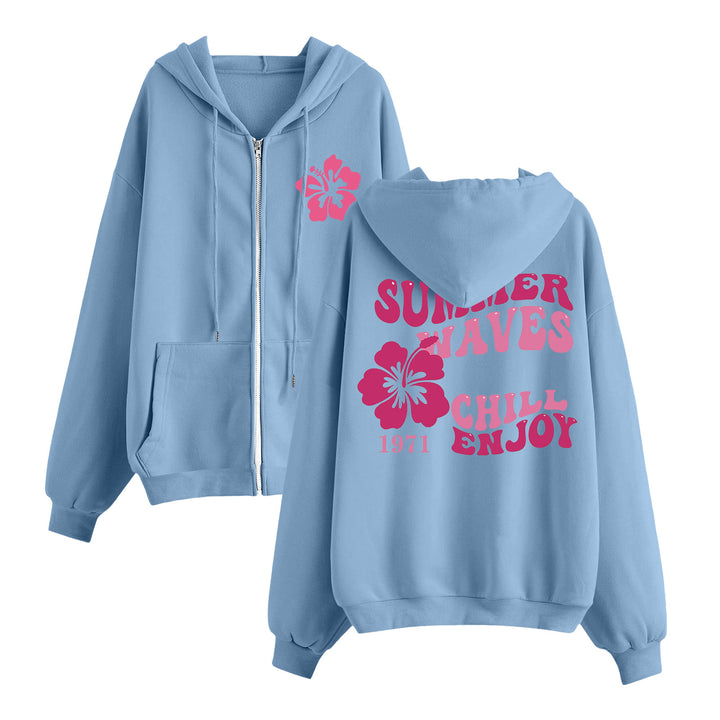 Women's relaxed zip hoodie with tropical hibiscus print, kangaroo pockets, and ribbed cuffs Mune Fashion