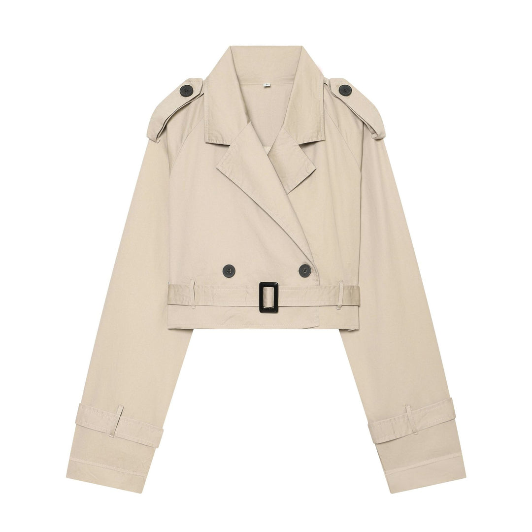 Women's Cropped Trench Coat with Double-Breasted Button Placket, Shoulder Flaps, and Waist Belt Mune Fashion