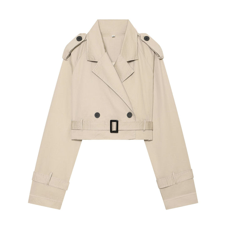 Women's Cropped Trench Coat with Double-Breasted Button Placket, Shoulder Flaps, and Waist Belt Mune Fashion