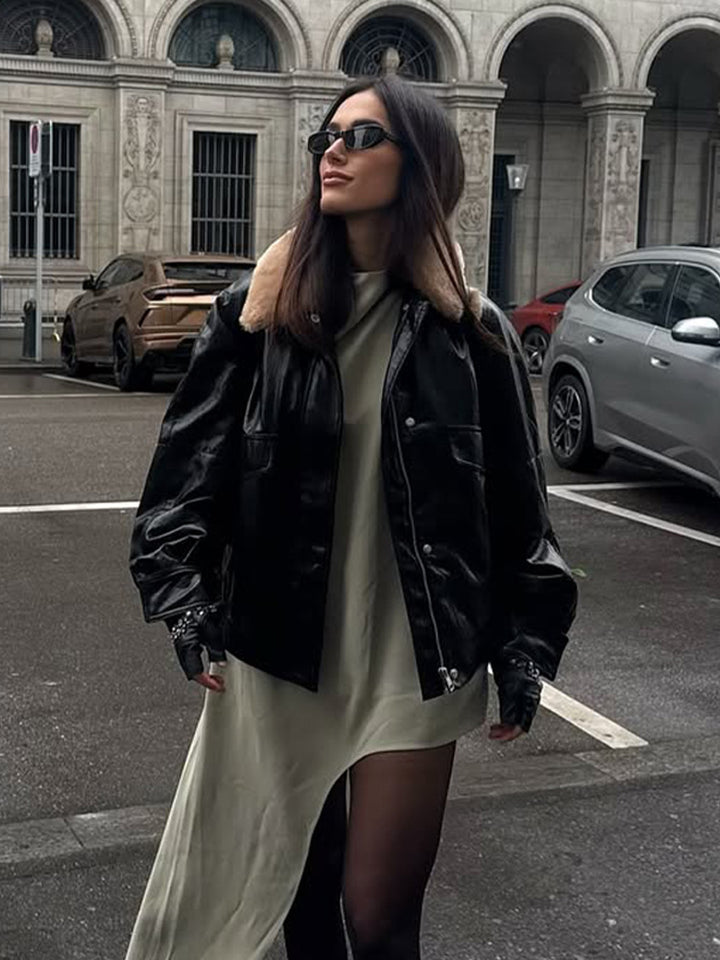 Women's Shiny Oversized Faux Leather Bomber Jacket with Voluminous Faux Fur Collar Mune Fashion