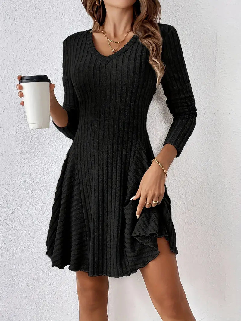 Women's Ribbed V-Neck Mini Dress with Flared Skirt and Patch Pockets Mune Fashion