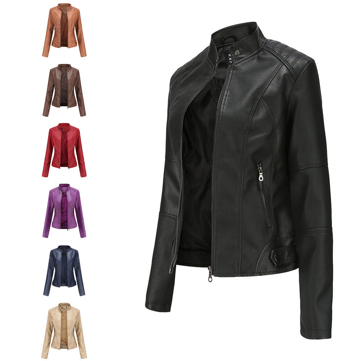 Women's fitted faux leather jacket with stand-up collar and full-length zipper Mune Fashion