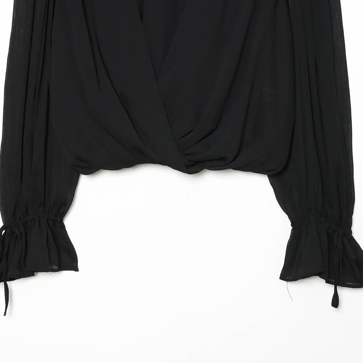 Women's chiffon blouse with tie, standing collar, and gathered balloon sleeves Mune Fashion