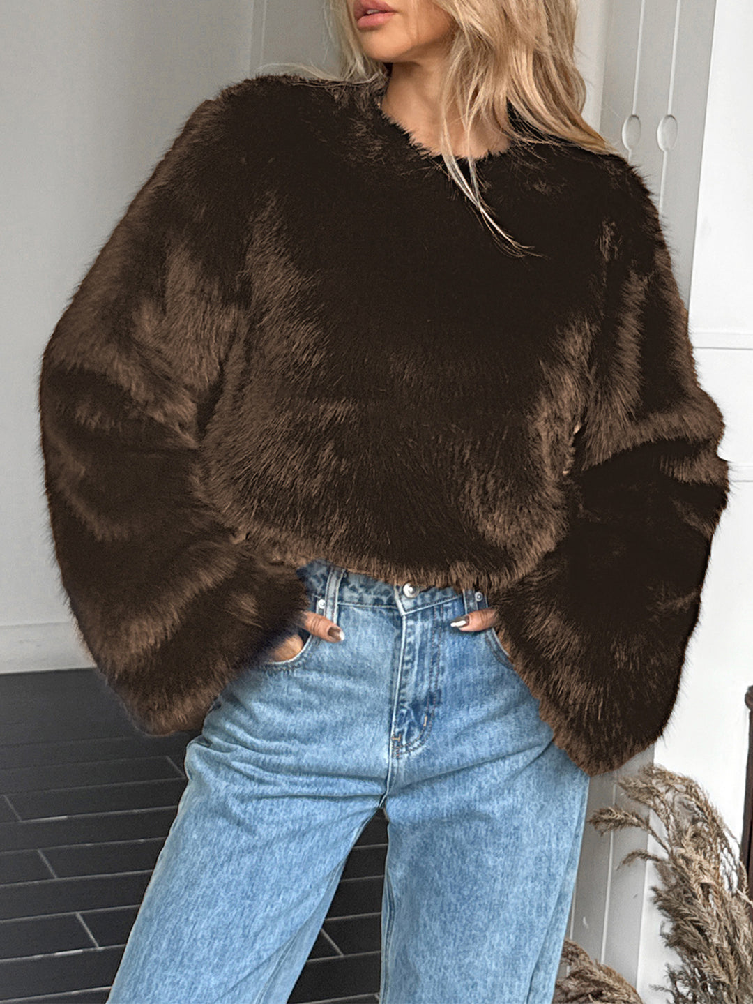 Women’s cozy Cropped Faux Fur Sweater with Bell Sleeves Mune Fashion