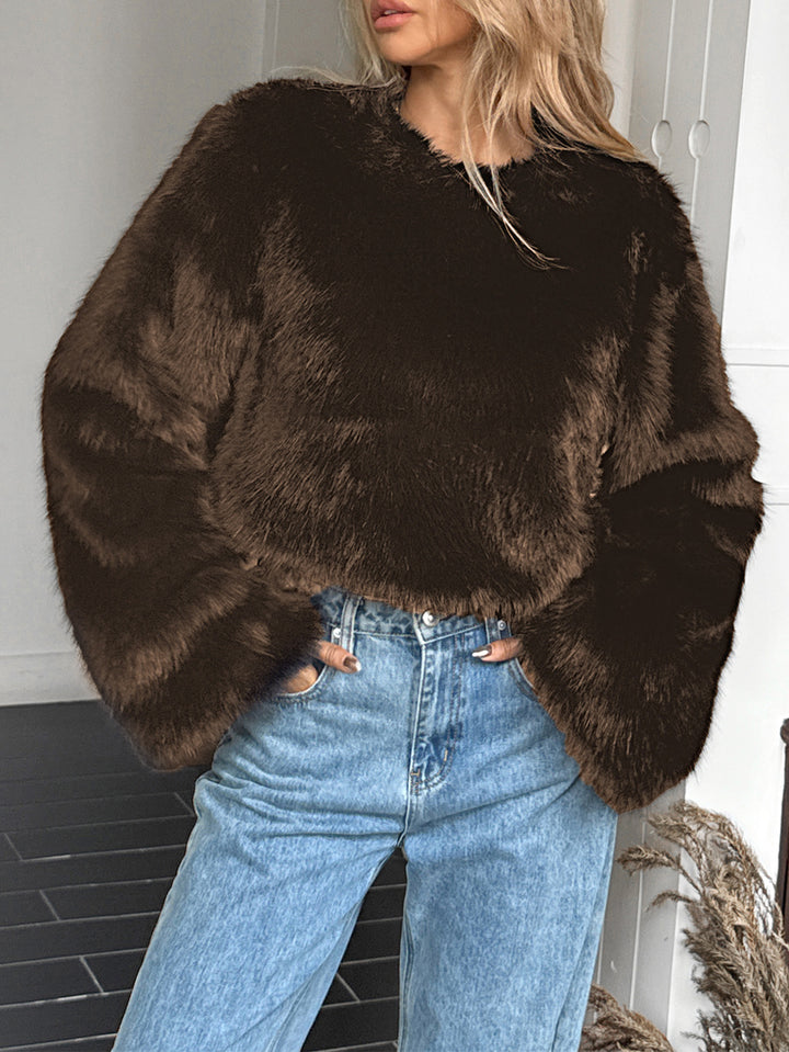 Women’s cozy Cropped Faux Fur Sweater with Bell Sleeves Mune Fashion