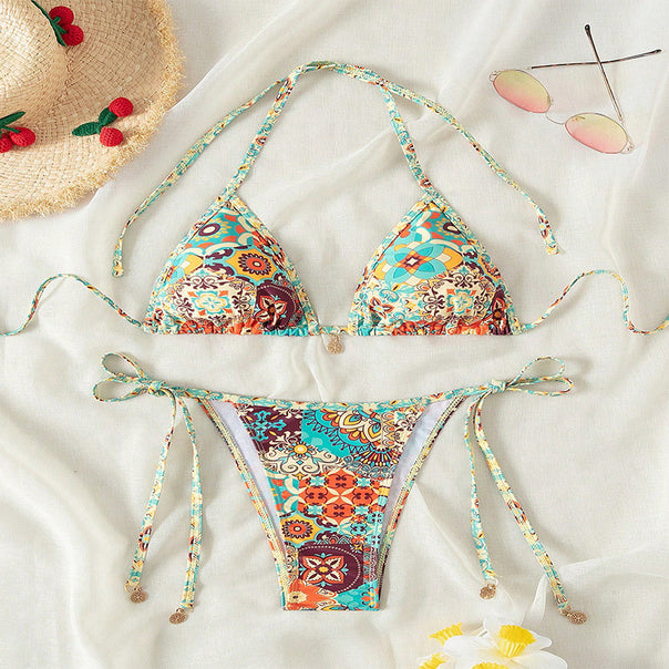 Ladies triangle bikini with adjustable straps and colorful flower pattern Mune Fashion