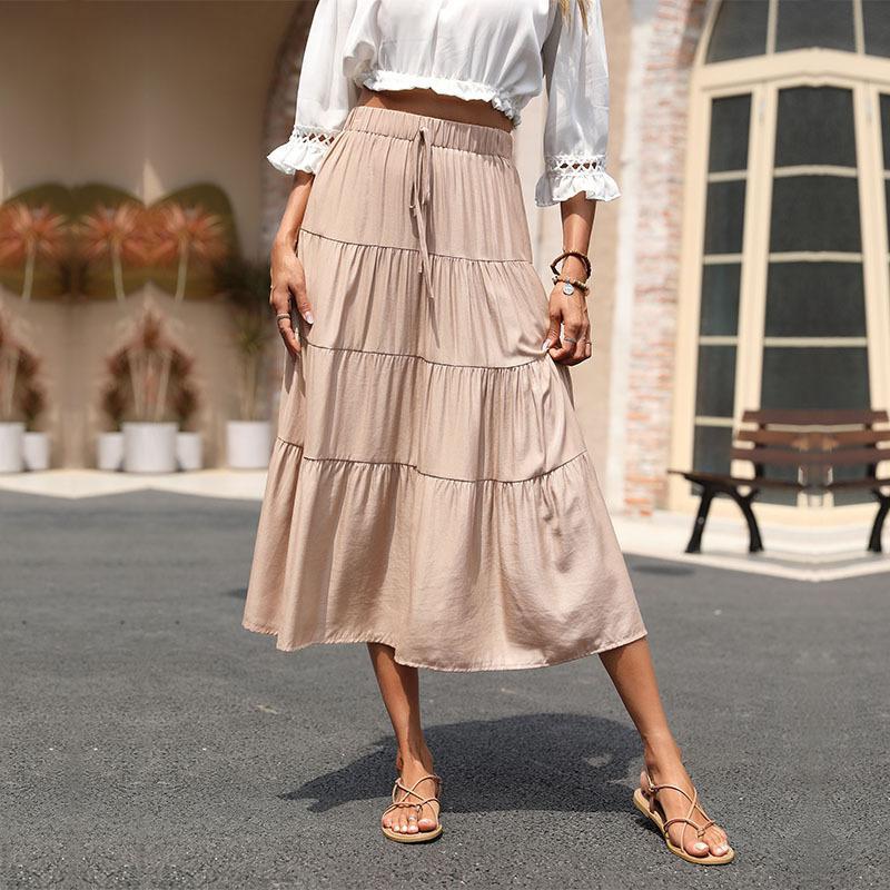 Women's Casual Tiered Skirt with Elastic Waistband, Drawstring and Flowing Midi Length Mune Fashion