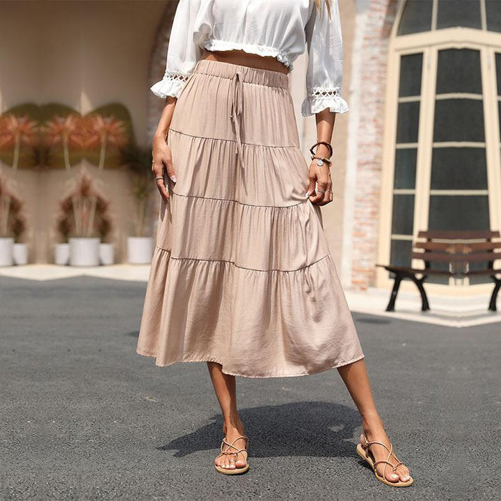 Women's Casual Tiered Skirt with Elastic Waistband, Drawstring and Flowing Midi Length Mune Fashion