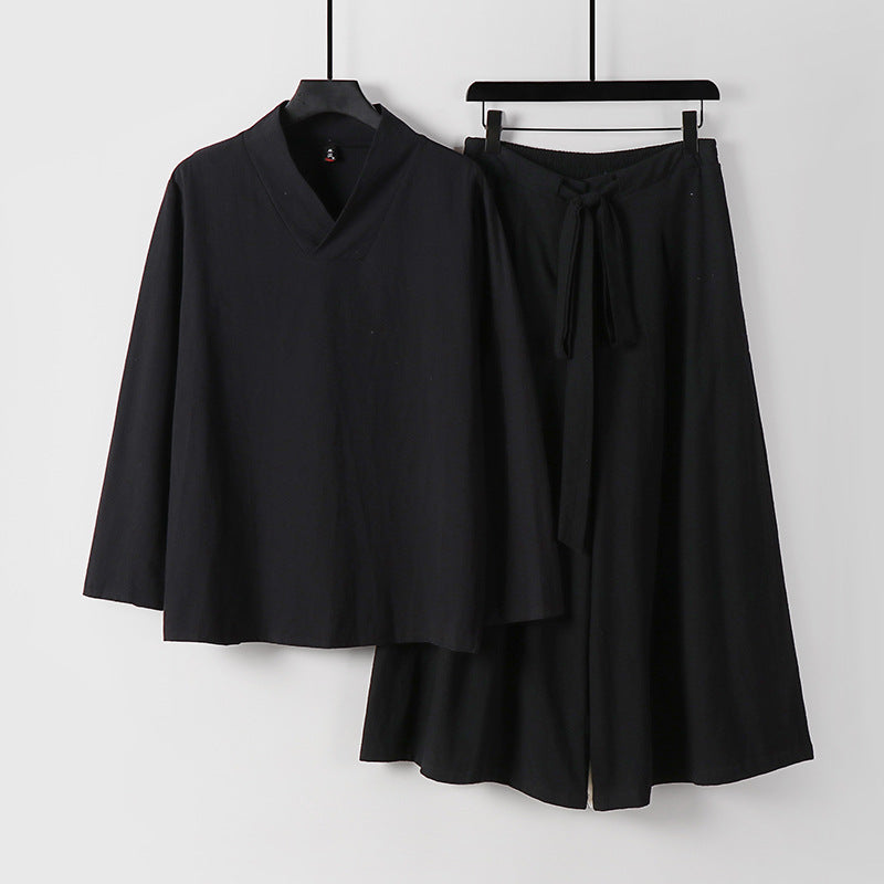 Women's Lightweight Linen-Cotton Loungewear Set with V-Neck, Wide Midi Skirt, and Tie Belt Mune Fashion