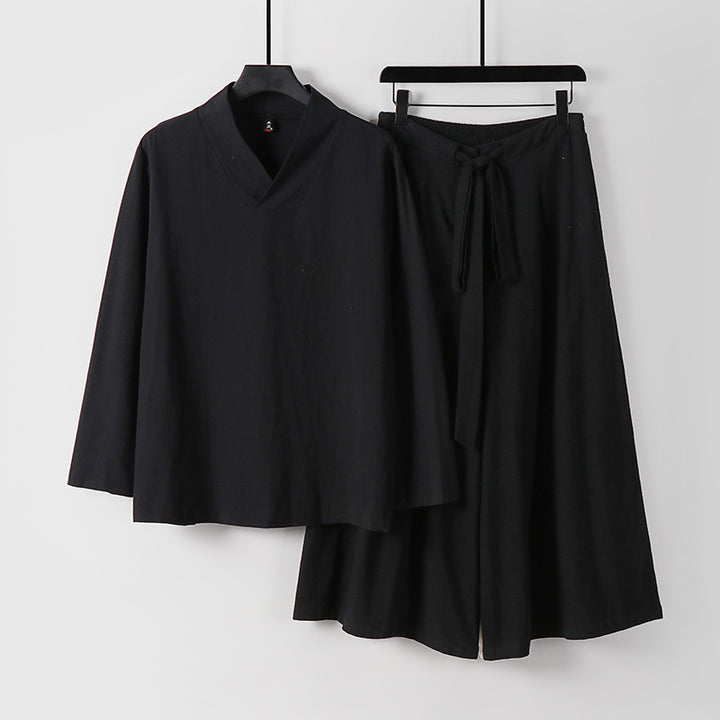 Women's Lightweight Linen-Cotton Loungewear Set with V-Neck, Wide Midi Skirt, and Tie Belt Mune Fashion