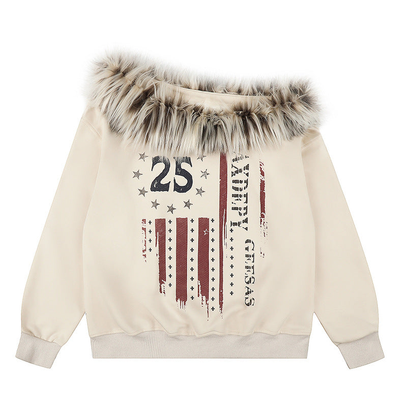 Women's hooded sweatshirt with removable faux fur collar and vintage print Mune Fashion