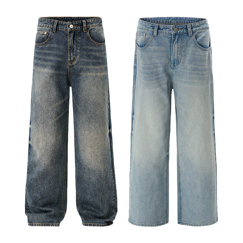 Men's Wide Stonewashed Denim Jeans with Straight Ultra Wide Leg Mune Fashion