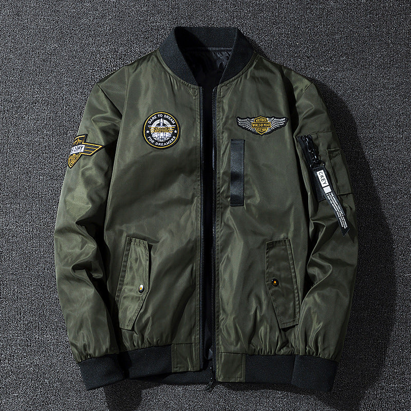 Men's bomber jacket in flight style with nylon shell, patch applications, and arm pocket Mune Fashion