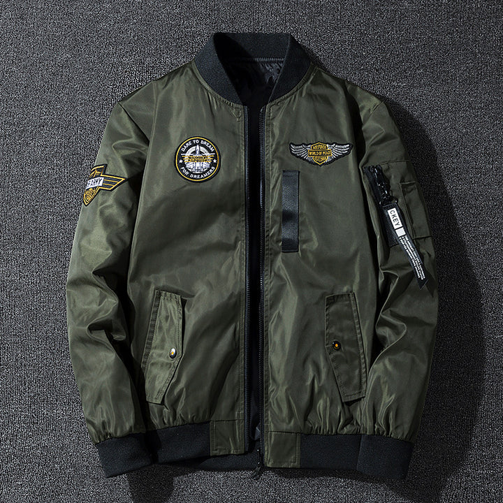 Men's bomber jacket in flight style with nylon shell, patch applications, and arm pocket Mune Fashion