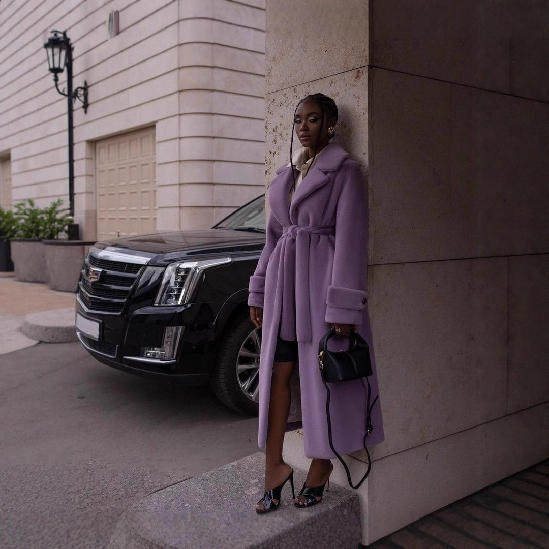 Women Elegant Maxi Wool Coat with Waist Belt, Wide Lapel and Roll-Up Cuffs Mune Fashion