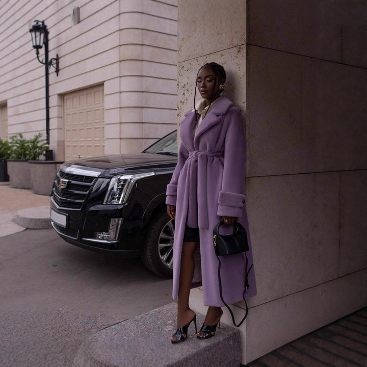 Women Elegant Maxi Wool Coat with Waist Belt, Wide Lapel and Roll-Up Cuffs Mune Fashion