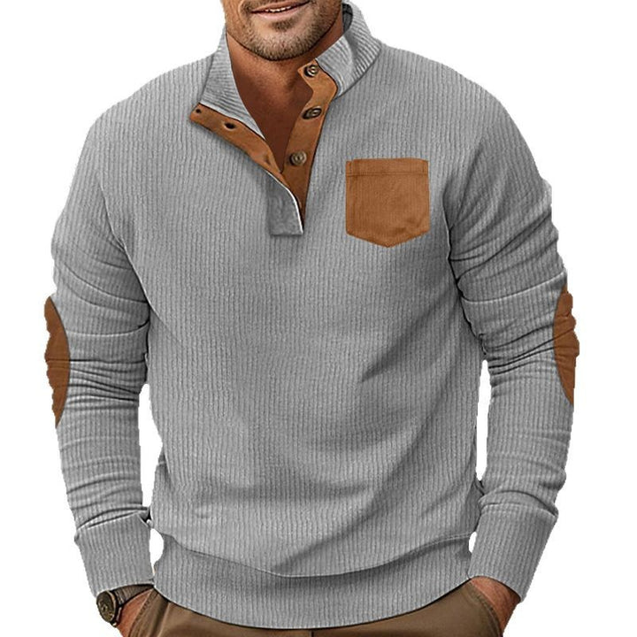 Men's structured half-button Troyer with Kent collar, chest pocket, and leather-look elbow patches Mune Fashion