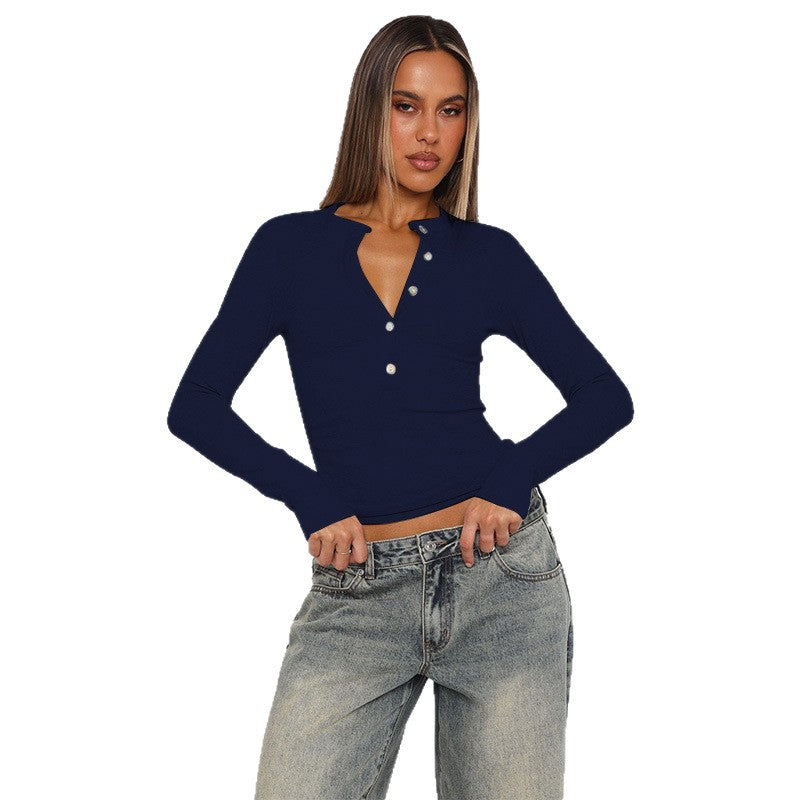 Damen Figurbetontes geripptes Henley-Longsleeve mit Knopfleiste Mune Fashion