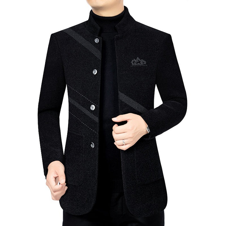 Men's Short Coat with Stand-up Collar Made of Wool Blend and Diagonal Texture Design Mune Fashion