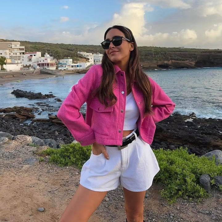 Women’s short structured jacket in boxy style with shirt collar and patch pockets Mune Fashion