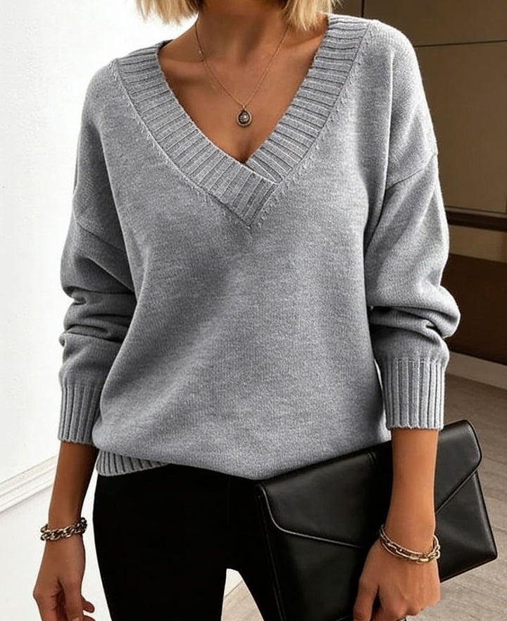 Women's fine knit sweater with deep V-neck and dropped shoulder Mune Fashion