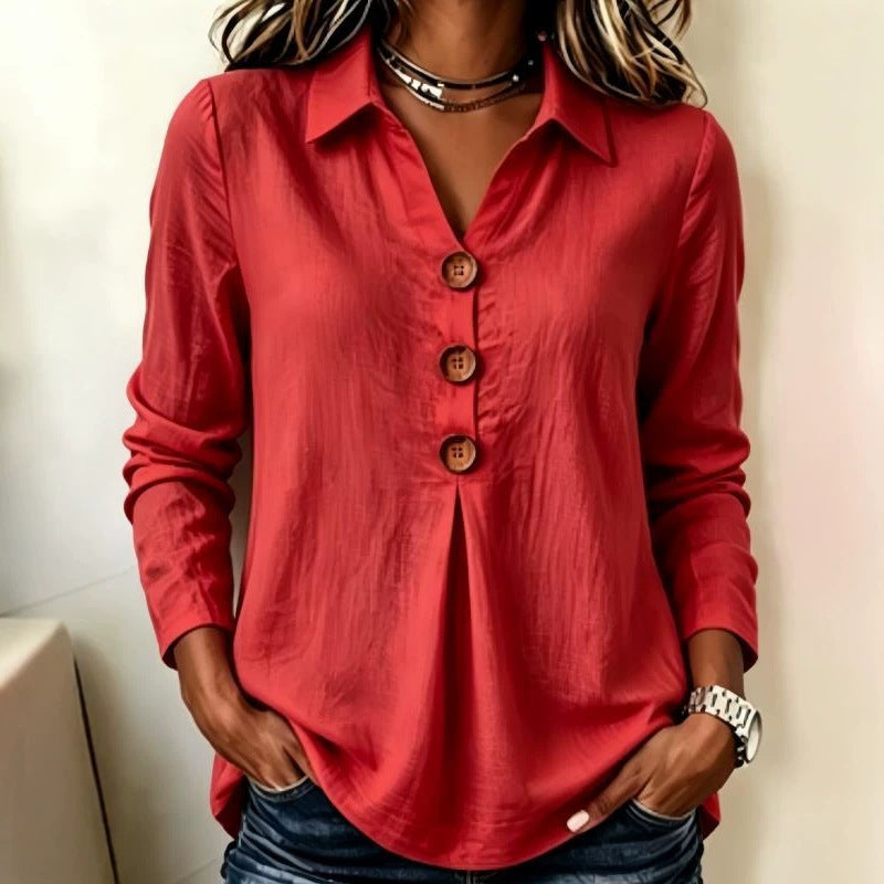 Women's Long Sleeve Shirt Blouse Top with Notched Collar and Decorative Button Placket Mune Fashion