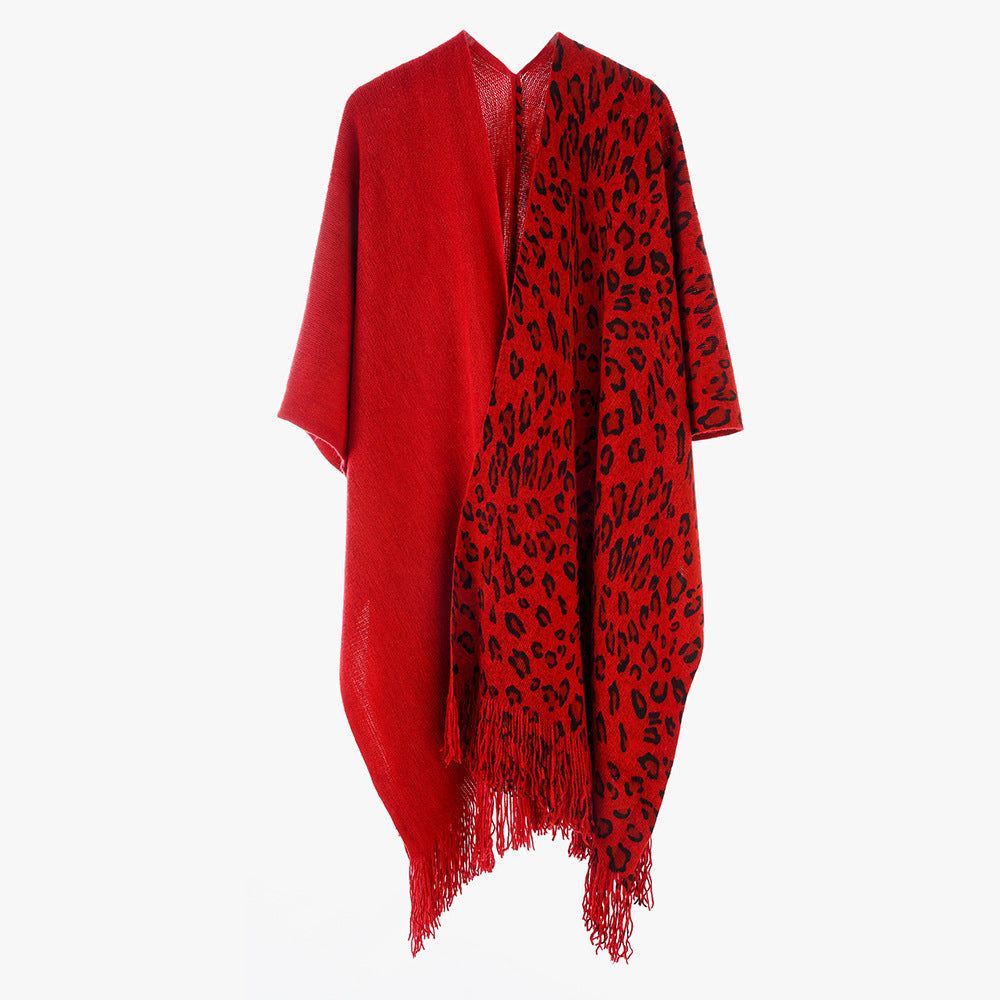 Women's Two-Tone Wool Blend Coat Poncho in Kimono Cut with Animal Jacquard and Fringe Hem Mune Fashion