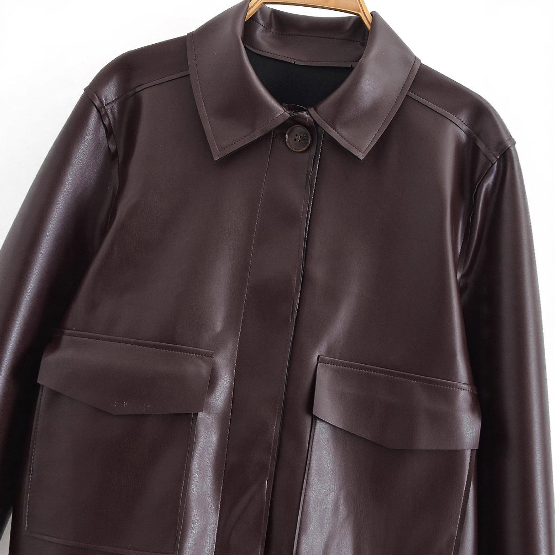 Women Short Boxy Leather-Look Jacket with Flap Pockets and Shirt Collar Mune Fashion