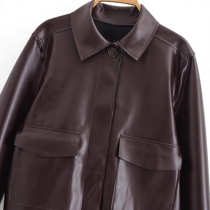 Women Short Boxy Leather-Look Jacket with Flap Pockets and Shirt Collar Mune Fashion