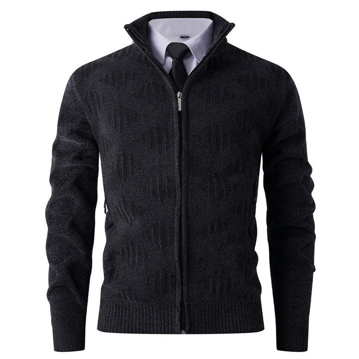 Men's Geometric Jacquard Zip Cardigan with Stand-Up Collar and Zipper Pockets Mune Fashion