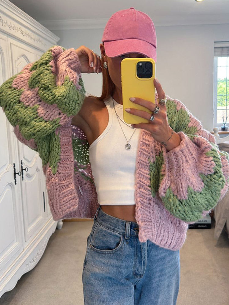 Women's Chunky Knit Cropped Cardigan with Voluminous Balloon Sleeves and Crochet Patch Details Mune Fashion