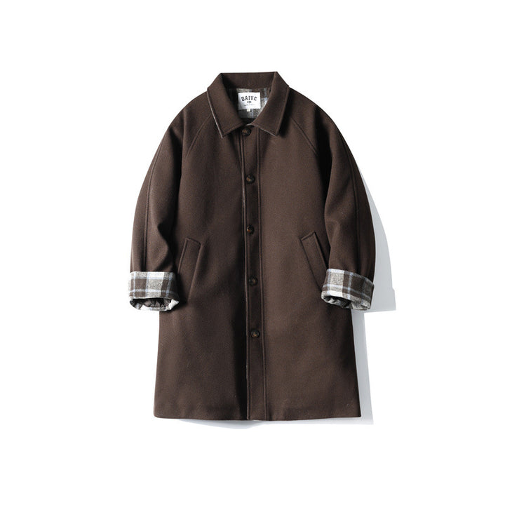 Men's Wool Blend Coat with Checked Lining, Raglan Sleeves and Classic Shirt Collar Mune Fashion