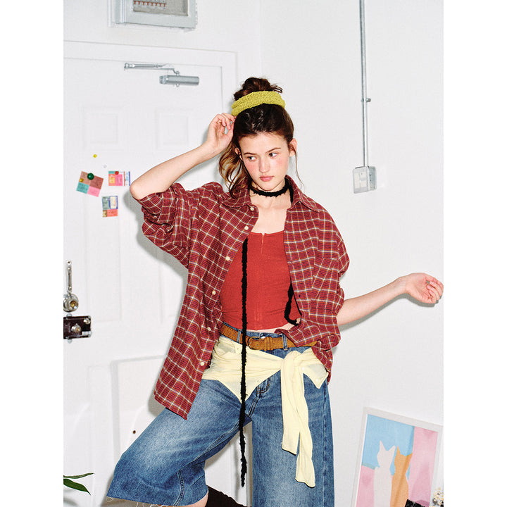 Men's Checked Flannel Shirt Jacket in Oversized Boxy Cut with Chest Pocket Mune Fashion