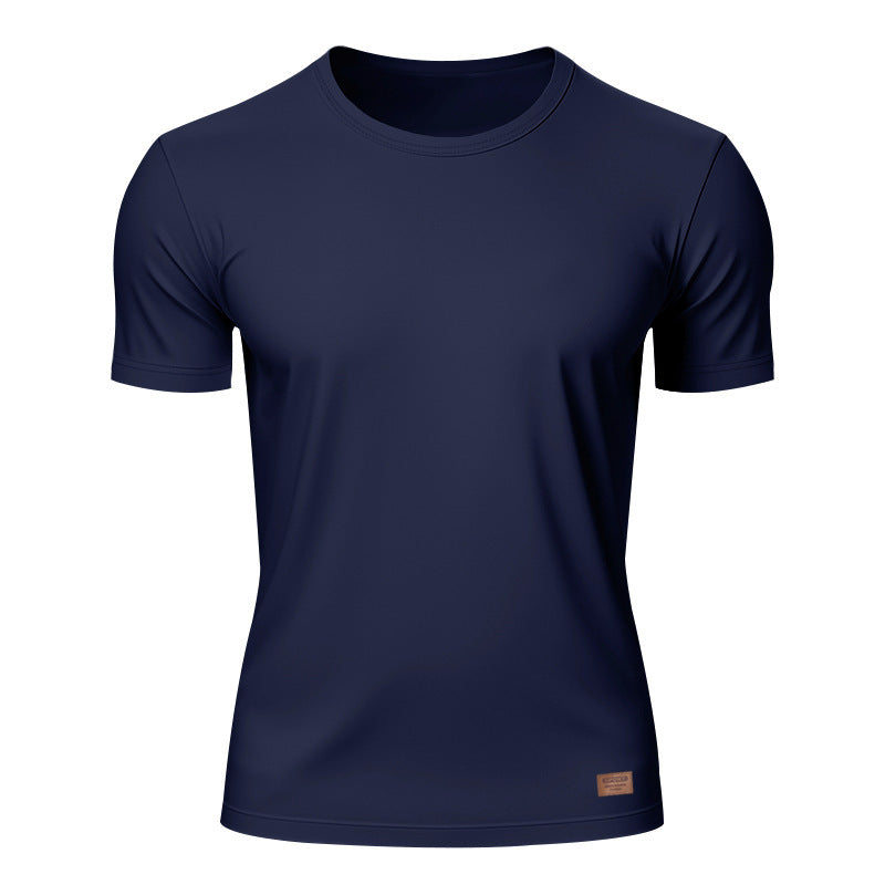 Men's slim round neck T-shirt made of smooth stretch jersey with subtle leather logo application Mune Fashion