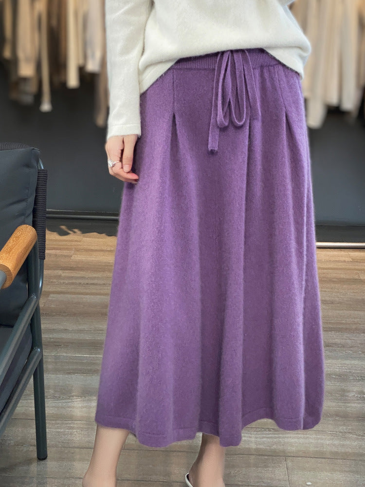 Women Mid-Length Cashmere-Look Knit Skirt with Pleats and Drawstring Mune Fashion