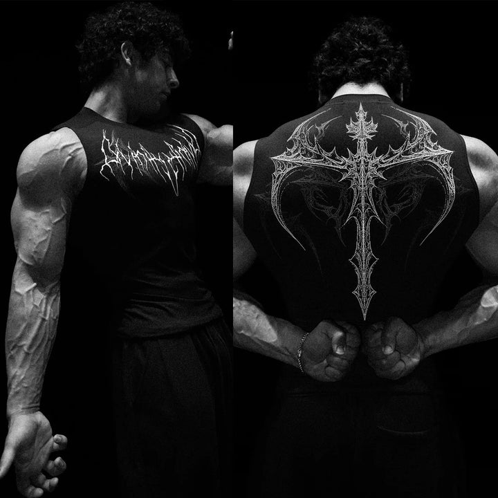 Men's form-fitting training tank top with deep armholes and intricate back print Mune Fashion