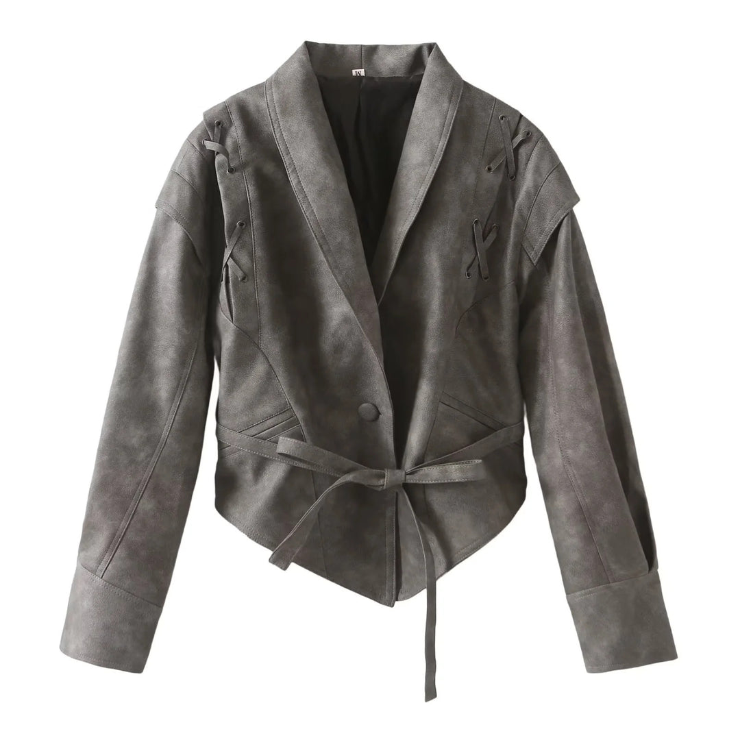 Women's Velvet Look Blazer Jacket with Shawl Collar, Lace-Up Detail on the Shoulders and Figure-Hugging Tie Belt Mune Fashion
