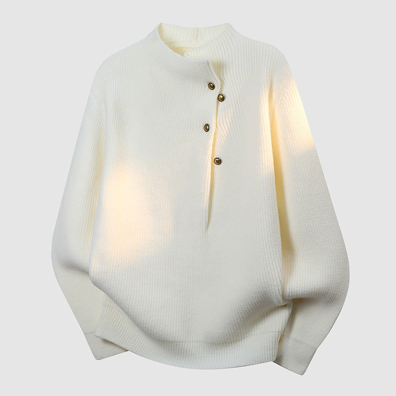 Women's Oversized Fine Knit Sweater with Asymmetrical Button Placket and Stand Collar Mune Fashion