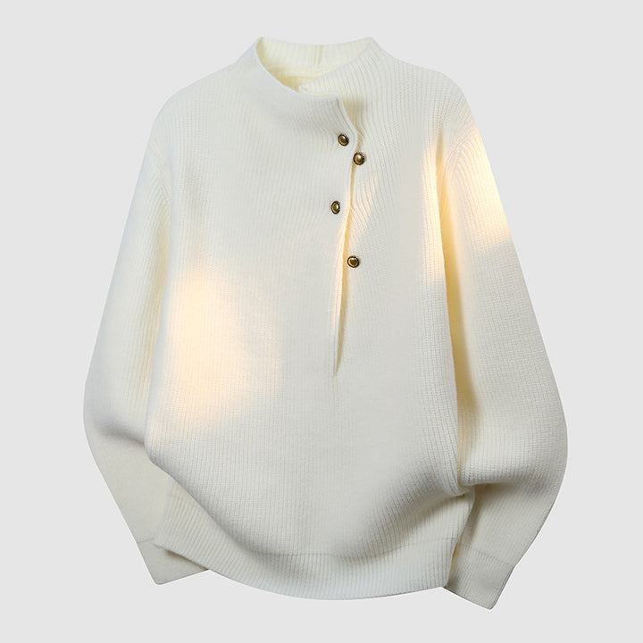Women's Oversized Fine Knit Sweater with Asymmetrical Button Placket and Stand Collar Mune Fashion