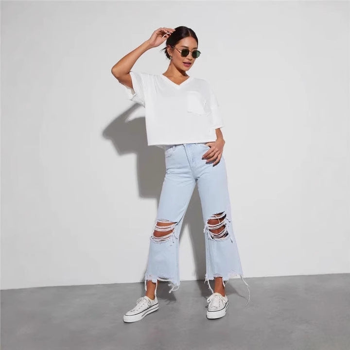 Women's nan cropped wide jeans with high waist, frayed hem and heavy knee ripping Mune Fashion