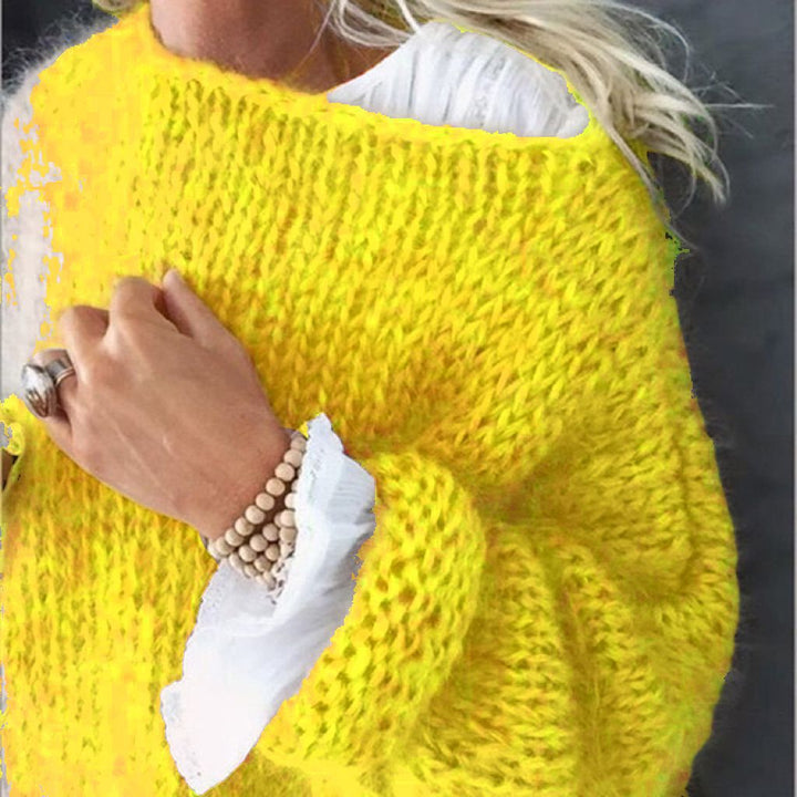 Women's Short Cut Fluffy Chunky Knit Sweater with Dropped Shoulder Mune Fashion