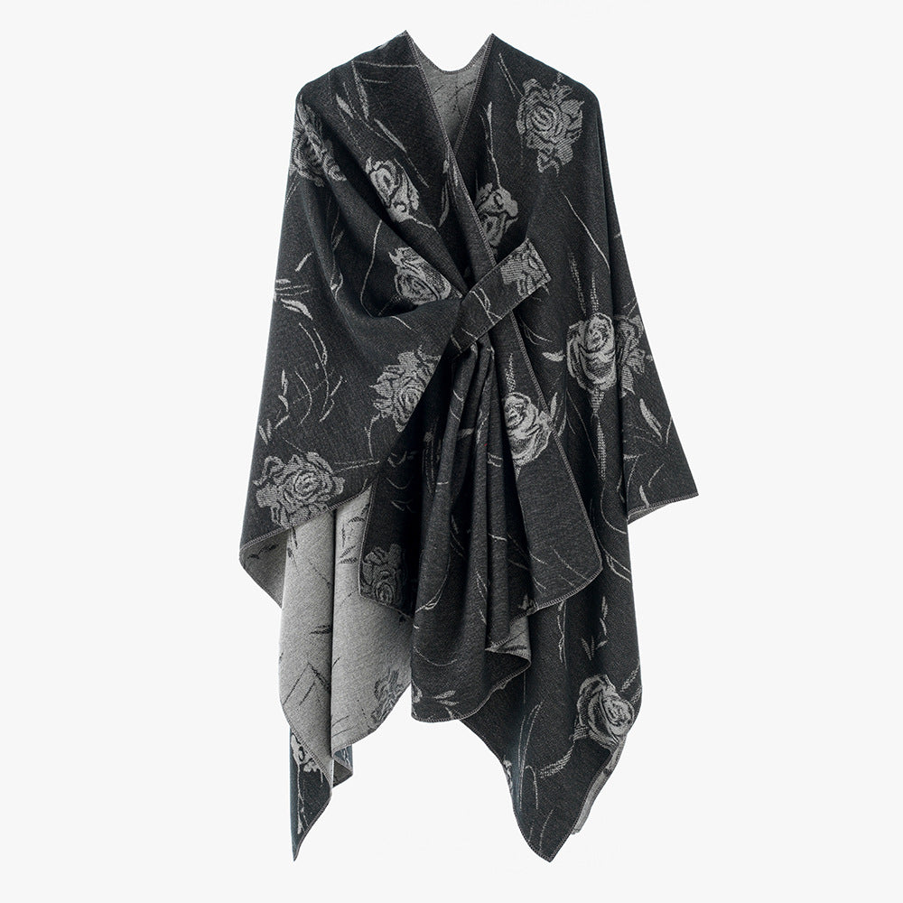 Ladies Reversible Jacquard Wrap with Rose Pattern and Tying Belt Mune Fashion
