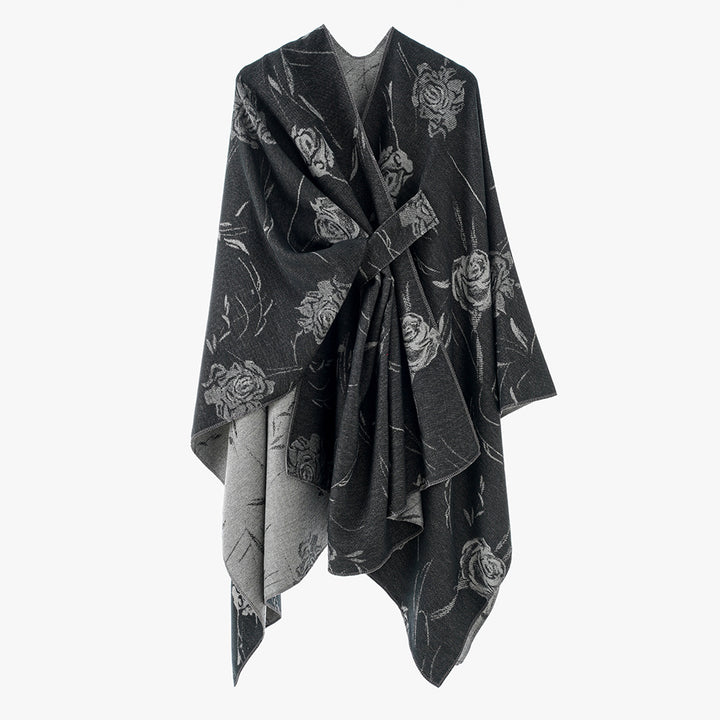 Ladies Reversible Jacquard Wrap with Rose Pattern and Tying Belt Mune Fashion