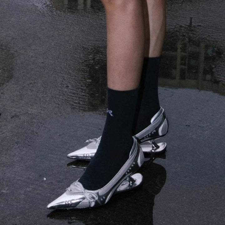 Women's pointed metallic slingback pumps with sculptural heel and bow accent Mune Fashion