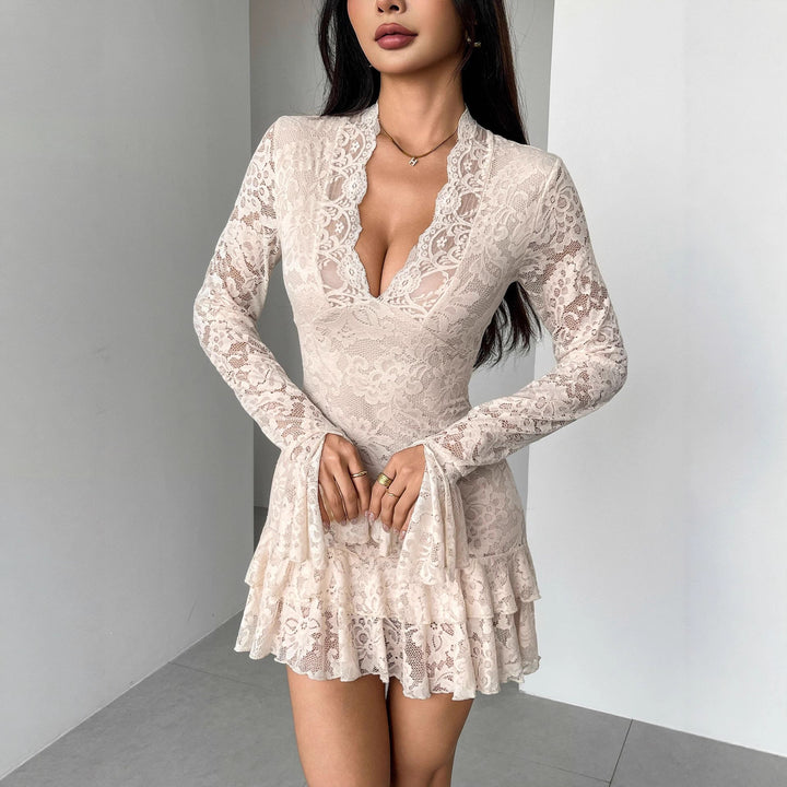 Women nan tailored lace mini dress with deep V-neck, trumpet sleeves and tiered ruffle Mune Fashion