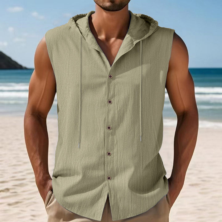 Men's sleeveless hooded shirt made of crepe-structured cotton blend with continuous button placket and drawstring Mune Fashion