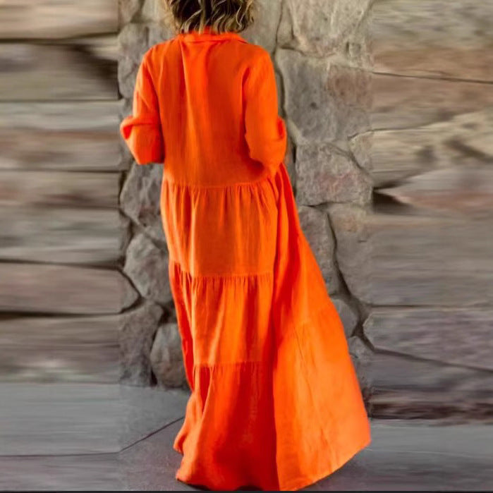 Women's summer linen blend tiered maxi dress with shirt collar, gathered waist and elbow-length sleeves Mune Fashion