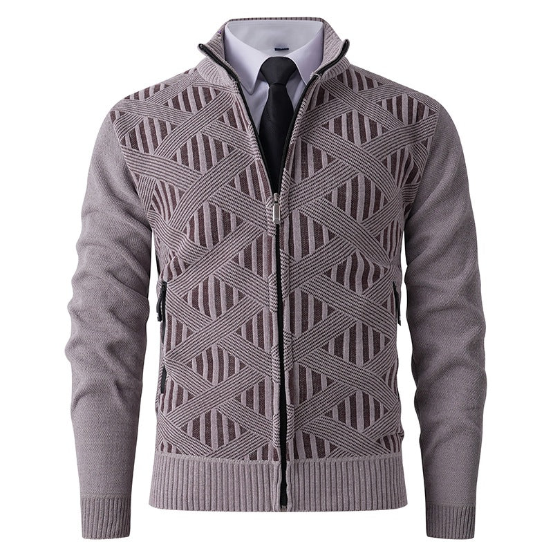 Men's Geometric Jacquard Zip Cardigan with Stand-Up Collar and Zipper Pockets Mune Fashion