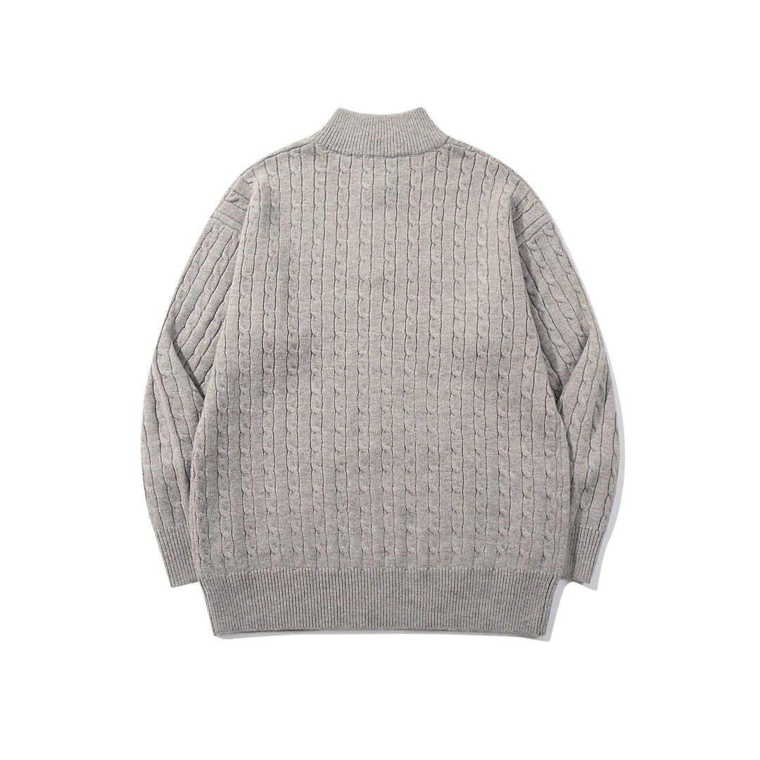 Unisex Cable Pattern Half-Zip Knit Sweater with High Ribbed Collar and Longer Hem Down