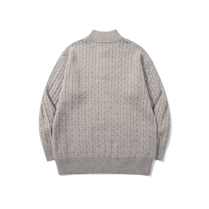 Unisex Cable Pattern Half-Zip Knit Sweater with High Ribbed Collar and Longer Hem Down